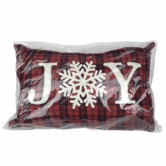 Joy Snowflakes Embroidered Plaid Holiday Red Pillow 12" x 20" NEW - Picture 2 of 2